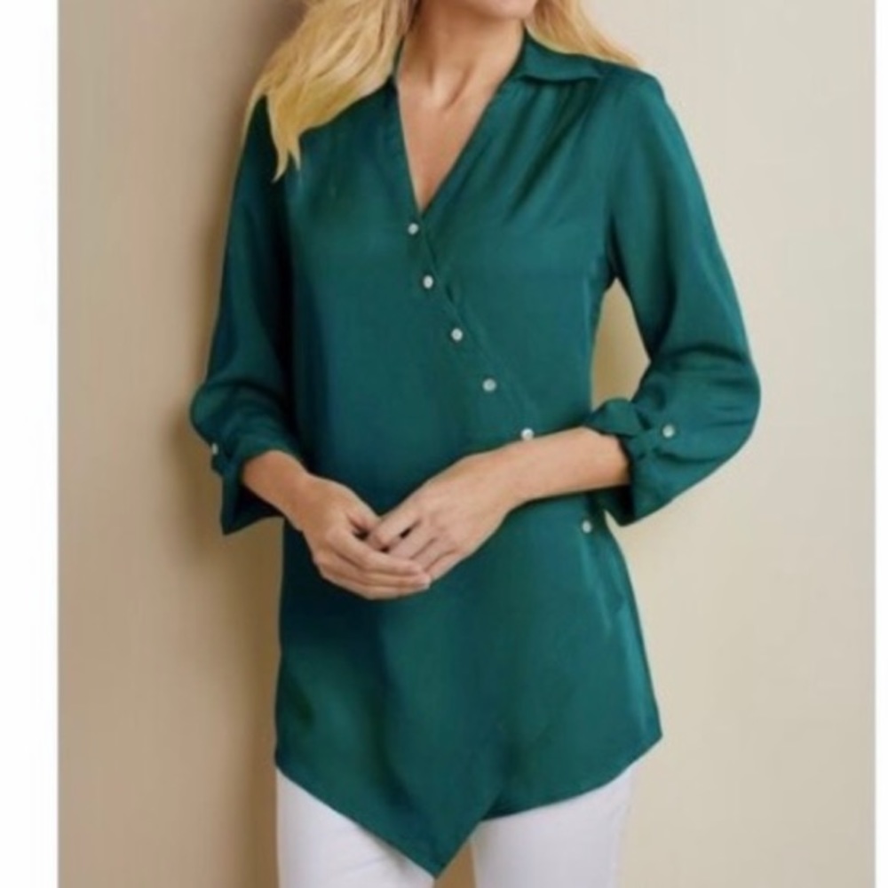 Soft Surroundings Washed Tencel Tunic Top Women’s Size XS Asymmetrical Hem Green